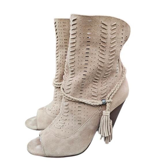 Slouchy Suede Boots Dolce Vita Maddox Size 6.5 Tan Leather Open Toe Heel Tassels - Picture 3 of 13